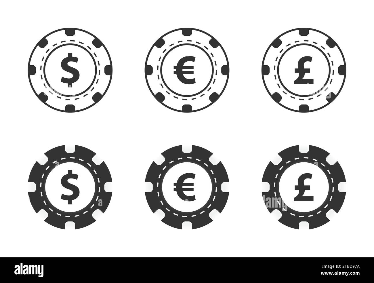 Icone del chip casinò con simboli di denaro. Illustrazione vettoriale Illustrazione Vettoriale