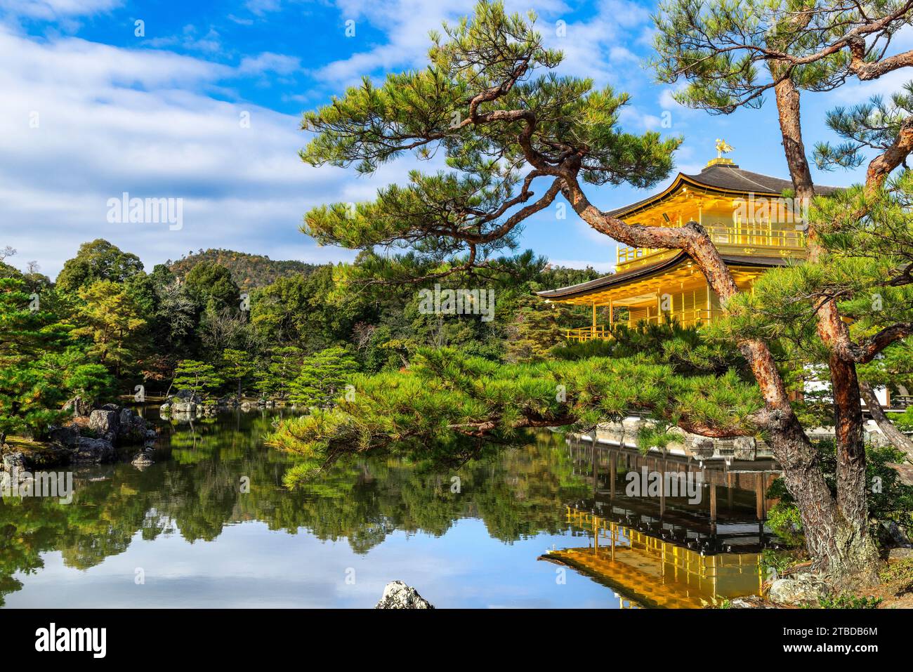 tempio kinkakuji dorato con riflessi nello stagno di kyoto, giappone Foto Stock