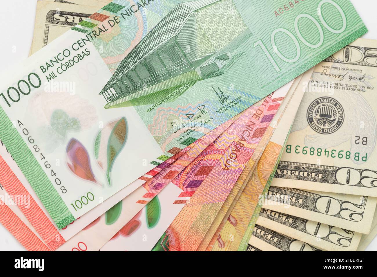 Moneta del Nicaragua tema di cambio valuta locale su sfondo dollaro americano Foto Stock