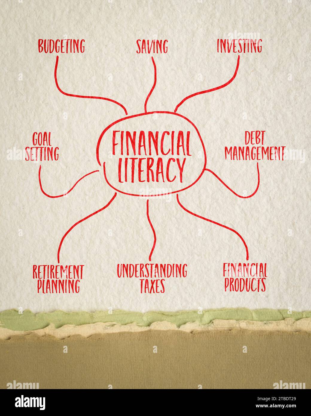 infografiche sull'alfabetizzazione finanziaria o schizzi di mappe mentali su carta d'arte - concetto di finanza personale e formazione Foto Stock