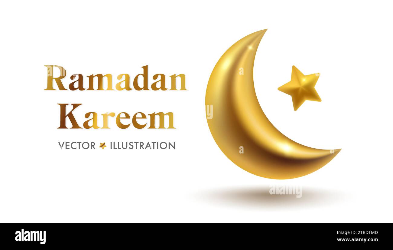 Banner vettoriale per le vacanze Ramadan Kareem con luna d'oro in realistico stile 3D. Celebra il mese Santo del Ramadhan nell'Islam. Sfondo sfondo vettore Illustrazione Vettoriale