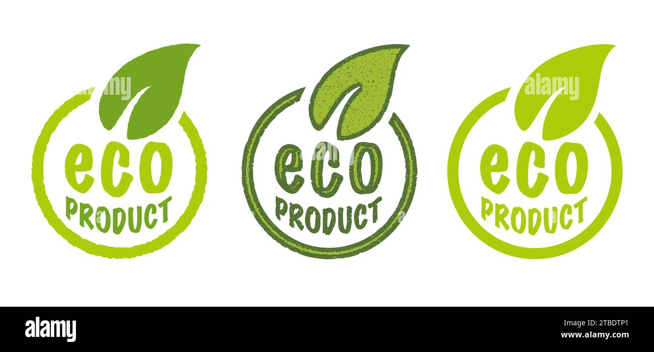 Icone del set vettoriale per i prodotti eco-compatibili. Timbri vettoriali del prodotto ECO. Illustrazione Vettoriale