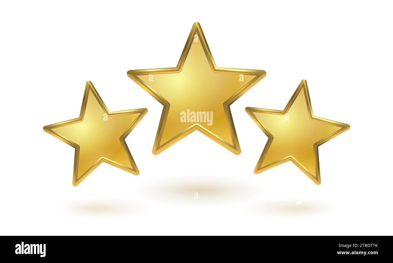 Icone vettoriali di tre stelle dorate su sfondo bianco. Risultati per i giochi o feedback di valutazione dei clienti sul sito Web. Illustrazione vettoriale di metallo Illustrazione Vettoriale