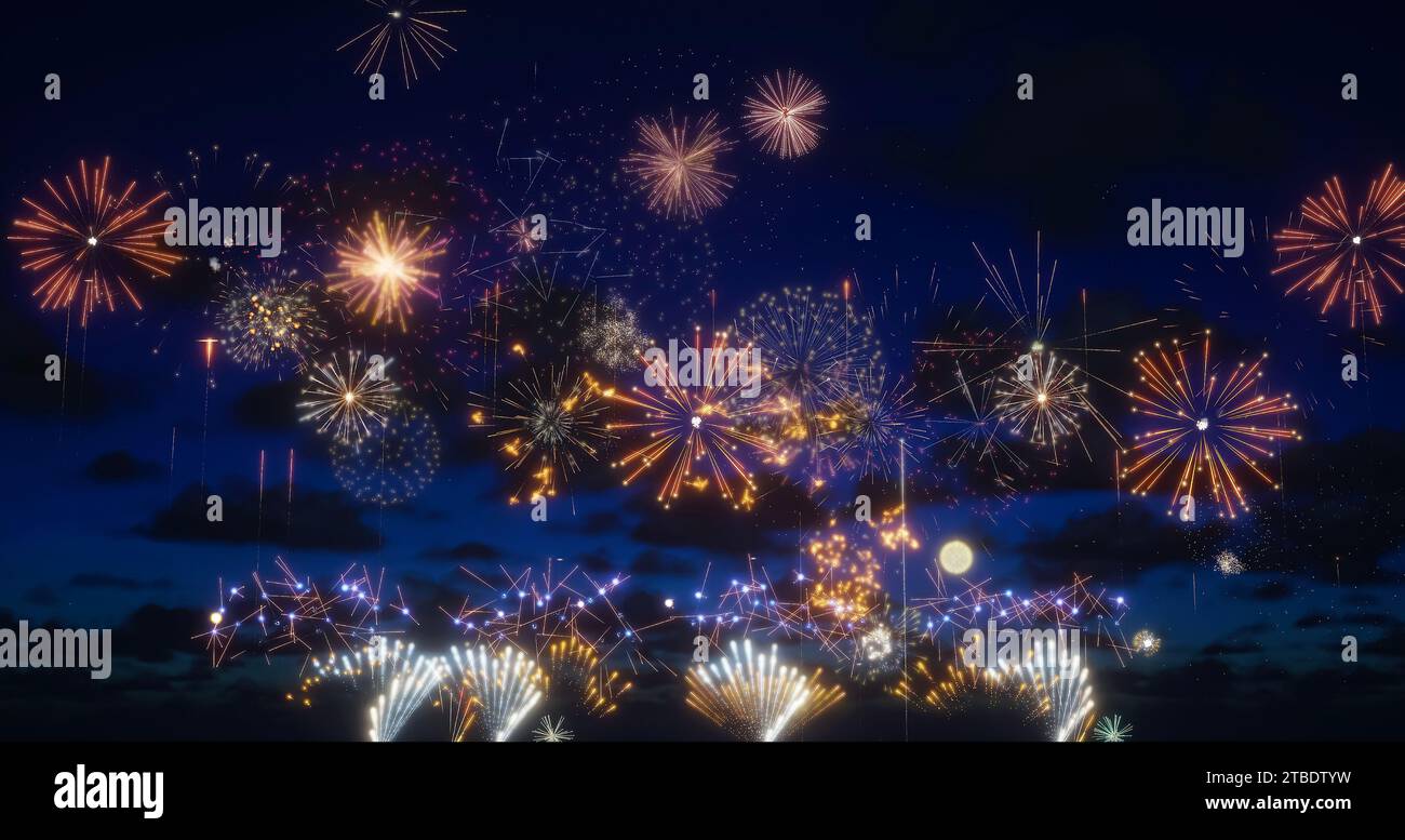 Fuochi d'artificio dai colori vivaci per Capodanno, Natale, matrimoni e altri eventi celebrati su un cielo blu scuro e nuvoloso. Foto Stock
