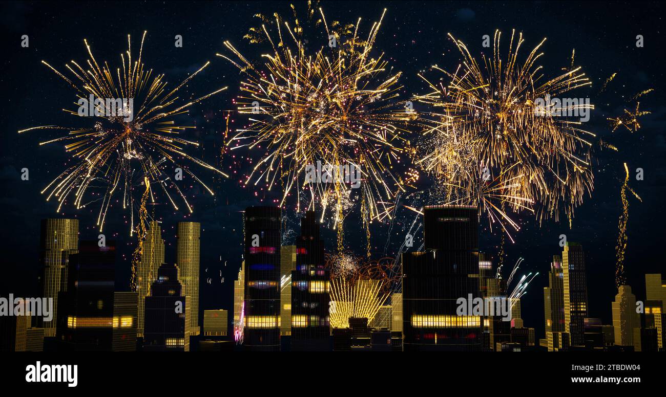 Fuochi d'artificio vivaci e colorati nella grande città per Capodanno, Natale, matrimoni e altri eventi celebrati su un cielo blu scuro. 4k Foto Stock