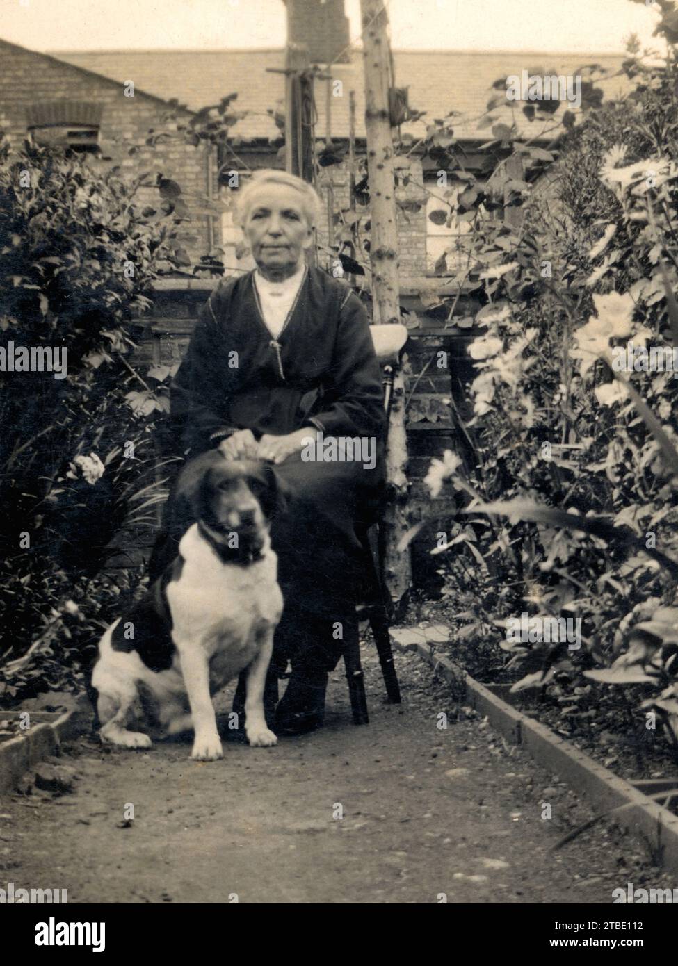 Signora anziana con il suo cane nel suo giardino. Foto Stock