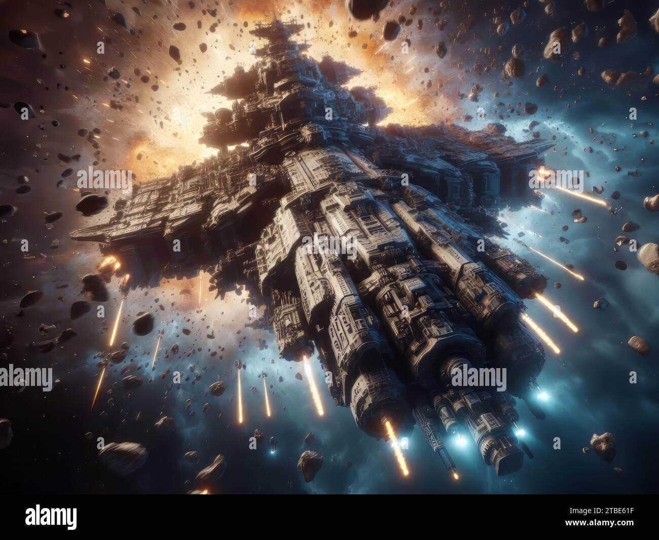 La colossale nave da guerra Iron Fist si compone di un alone di asteroidi, armi al plasma e missili preparati per affrontare minacce imminenti in spettacolari arti digitali 8K. Foto Stock