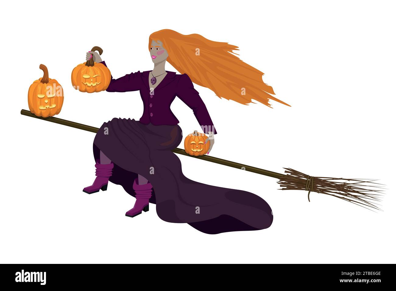 La splendida strega dai capelli rossi vola su una scopa con zucche per celebrare Halloween Illustrazione Vettoriale