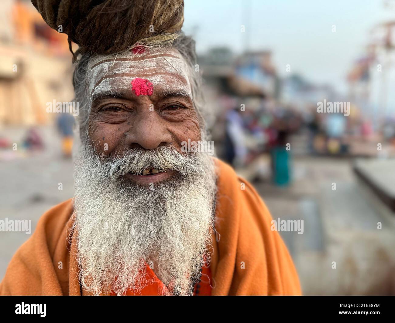 Ritratto della testa e delle spalle di Sadhu sorridente, Varanasi, Uttar Pradesh, India Foto Stock