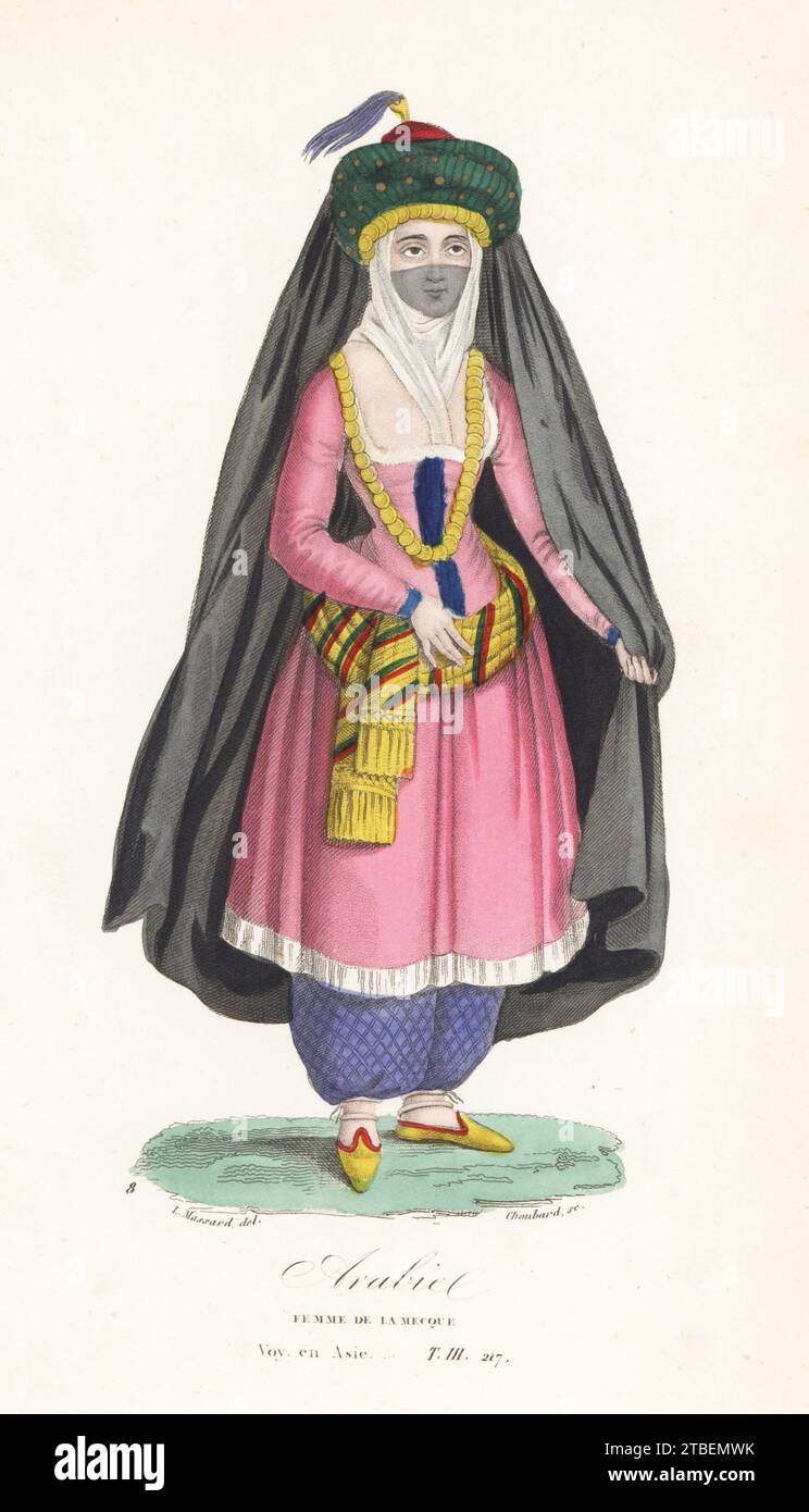 Donna della Mecca, Arabia. In turbante con lungo velo nero o burka, sopra un velo e un wimple, abito basso, pantaloni harem, collana e scialle. Da un'illustrazione di John Lewis Burckhardt in Travels in Arabia. Arabie, Femme de la Mecque. Incisione a capriolo a mano di Choubard dopo un'illustrazione di Leopold Massard dalla Collection de Portraits et Costumes des Diffens peuples qui habitent les cinq parties du monde, Armand-Aubree, Parigi, 1837. Foto Stock