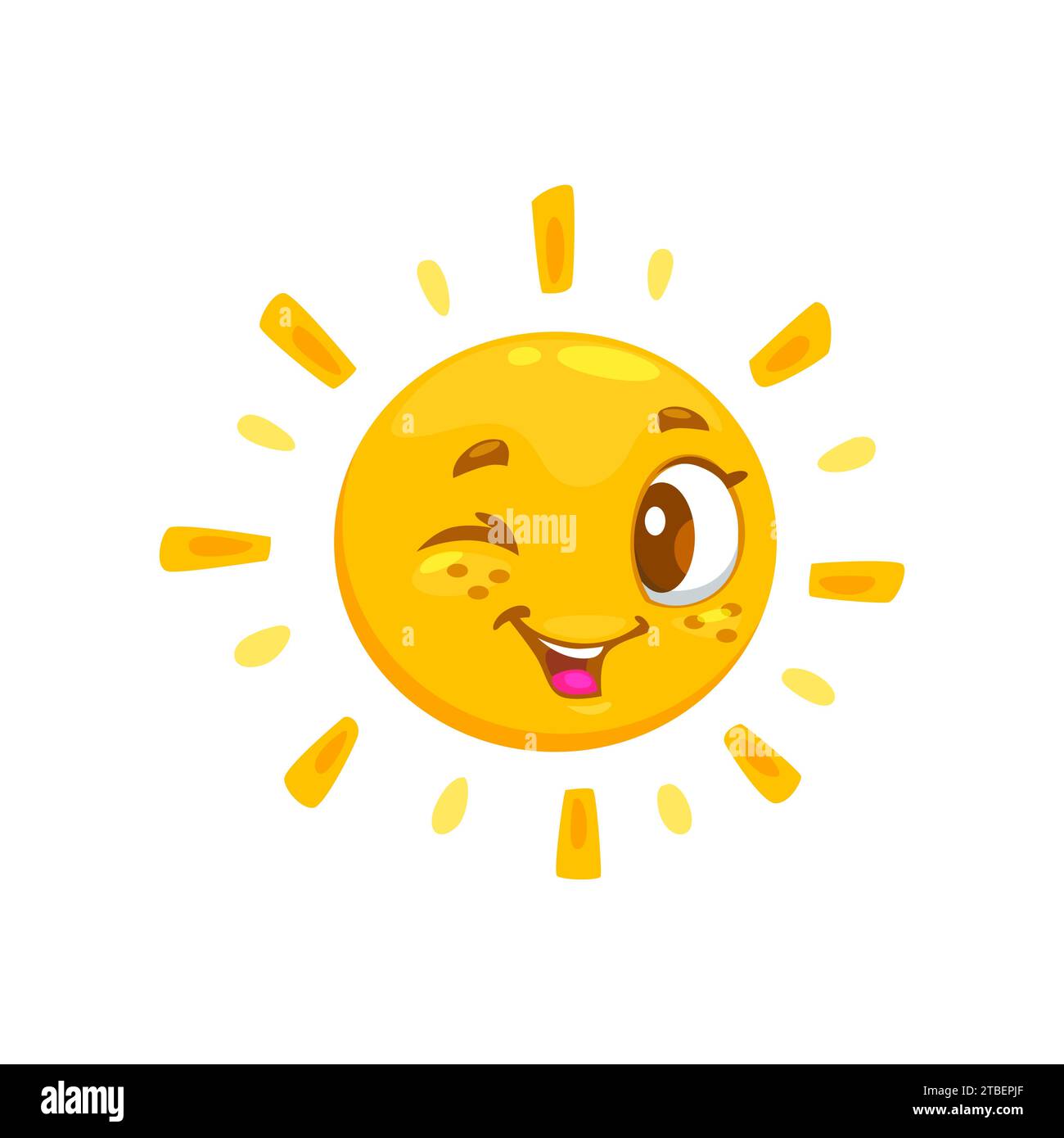 Cartone animato sorridente personaggio del sole estivo, faccia kawaii. Il sole avvolgente con raggi luminosi, il carattere allegro e vettoriale, il clima estivo caldo o il sole primaverile, il divertente carattere isolato Illustrazione Vettoriale
