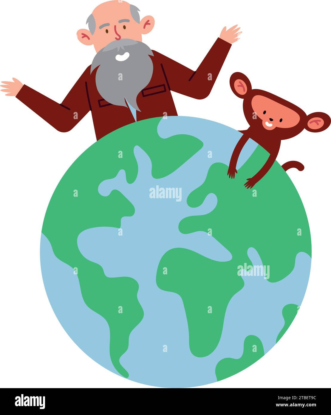 charles darwin con una scimmia in cima al mondo isolato vettore Illustrazione Vettoriale