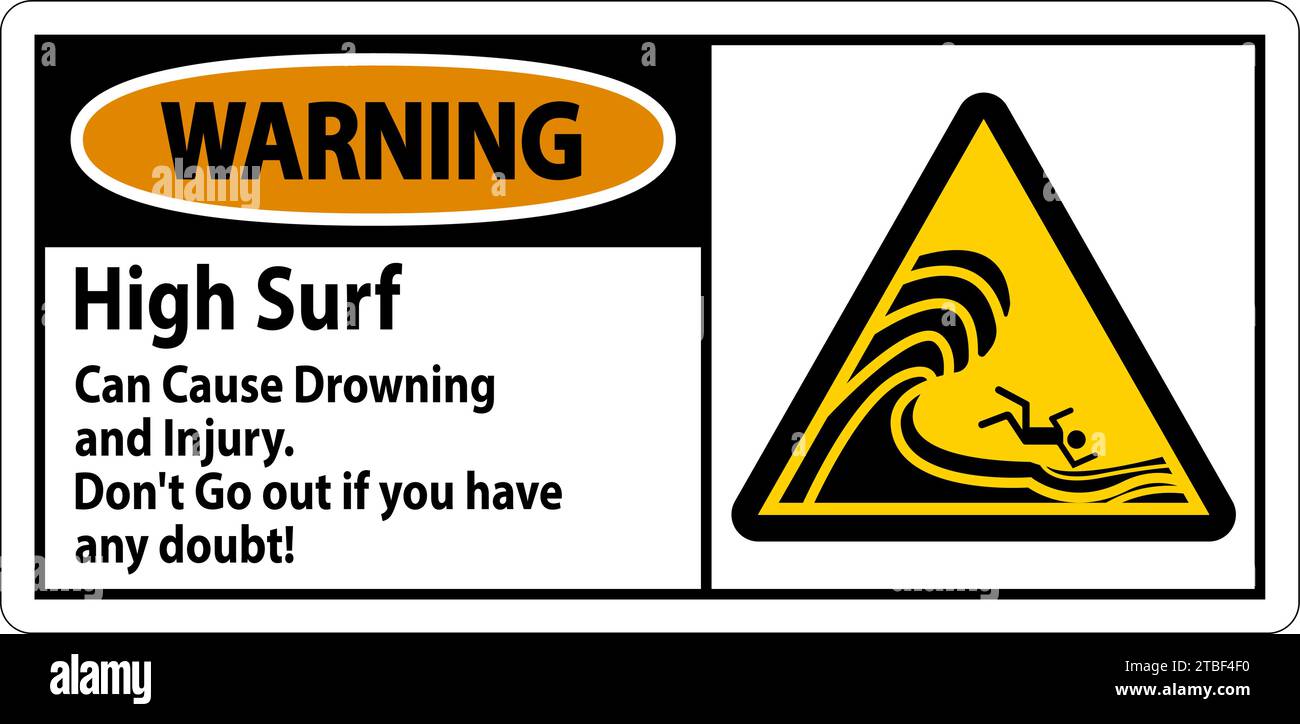 Il segnale di avvertenza pericolo spiaggia, il Surf alto può causare annegamento e lesioni. Non uscire se hai dubbi Illustrazione Vettoriale