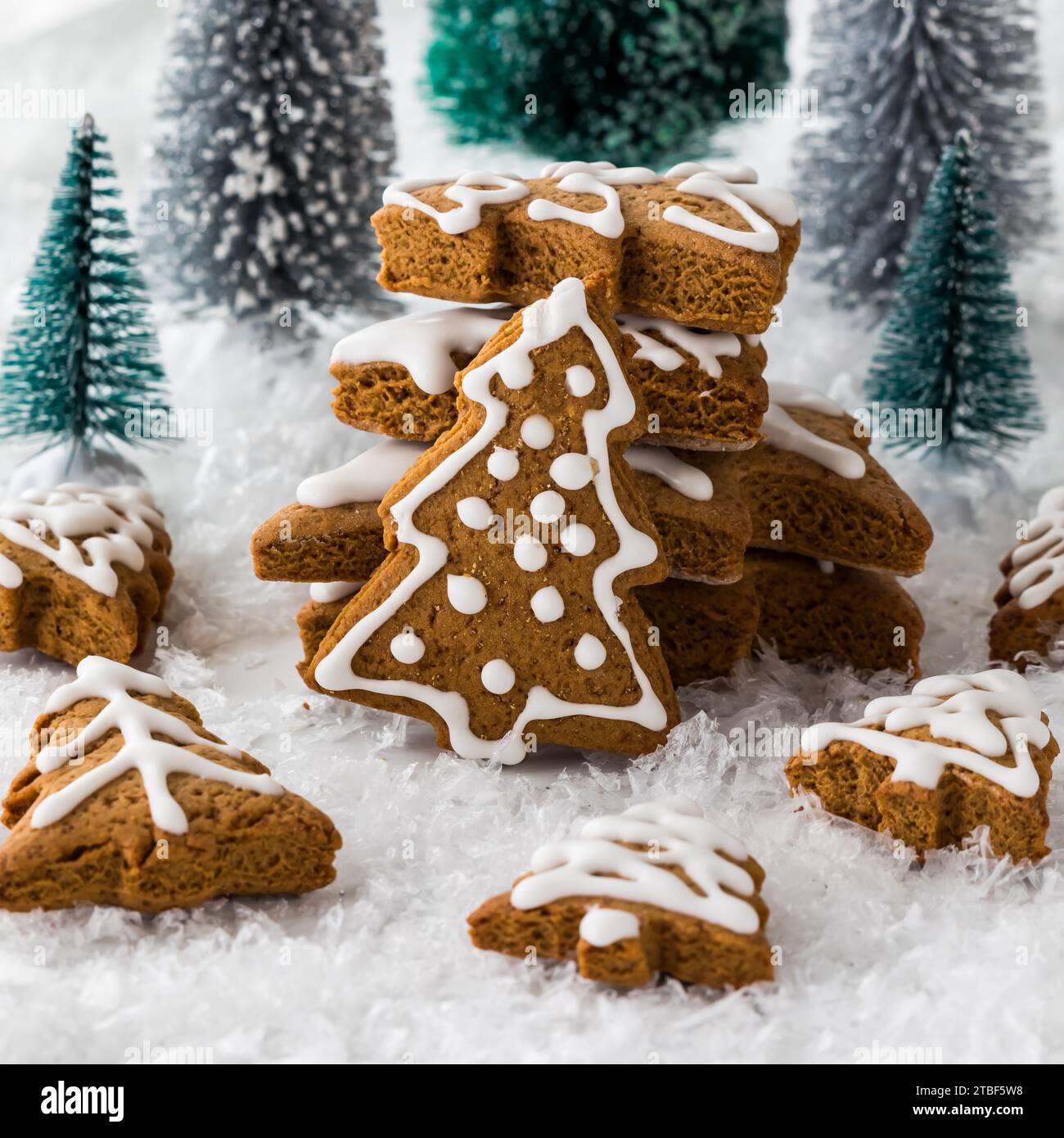 Una disposizione di biscotti di pan di zenzero con alberi sullo sfondo. Foto Stock