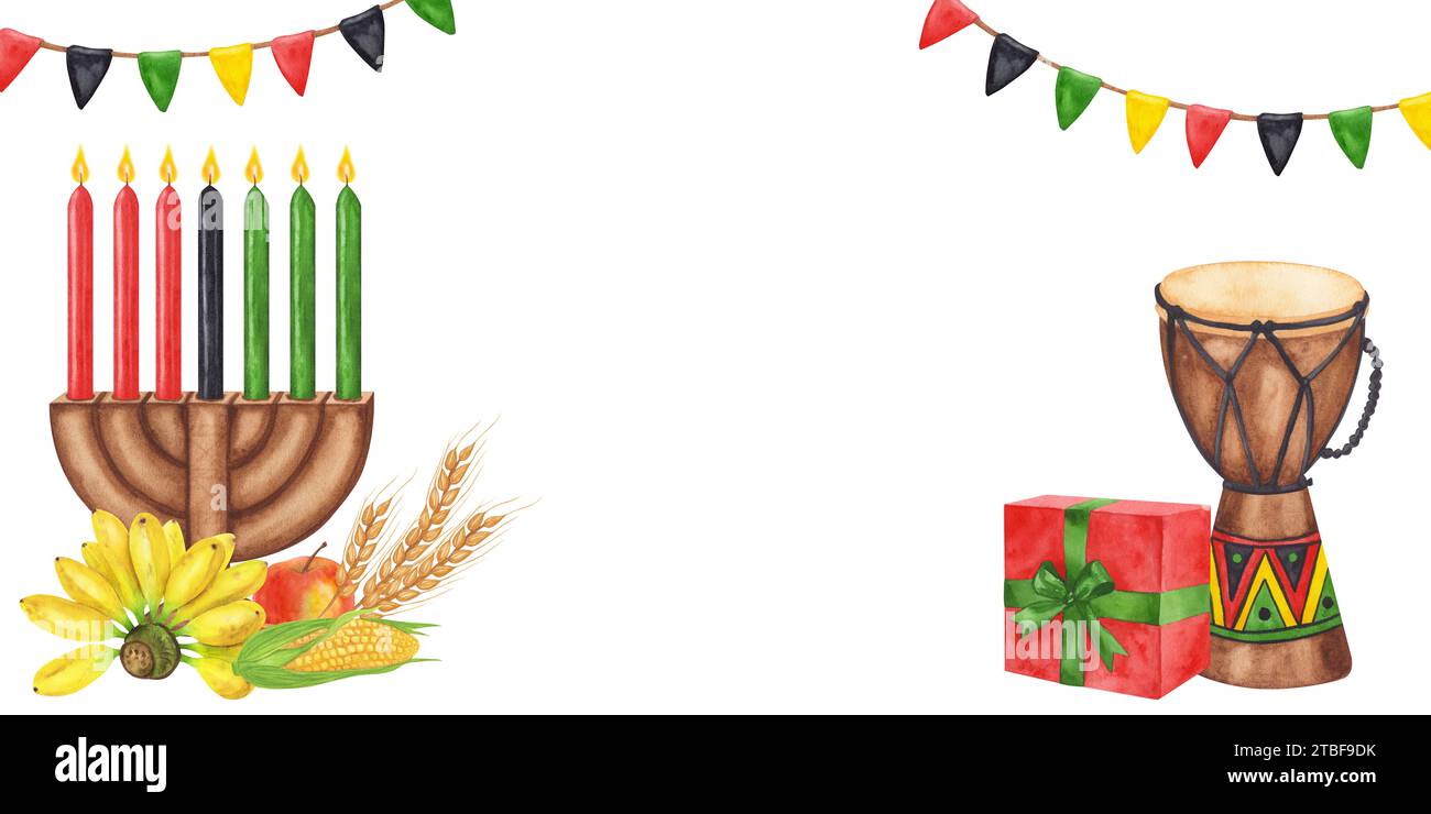 Banner Kwanzaa. Vacanze afro-americane. Kinara, sette candele incendiate, raccolta regalo per il tamburo con cartina rossa, nera e verde. Illustrazione ad acquerello disegnata a mano Foto Stock