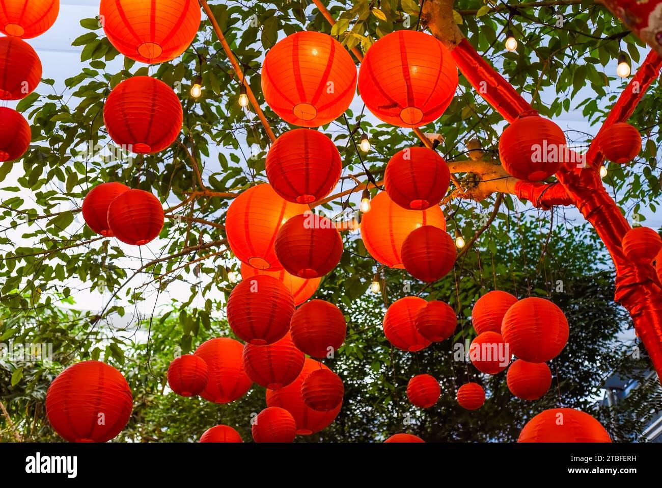 Molte lanterne rosse appese in Vietnam per il nuovo anno lunare del Tet Foto Stock