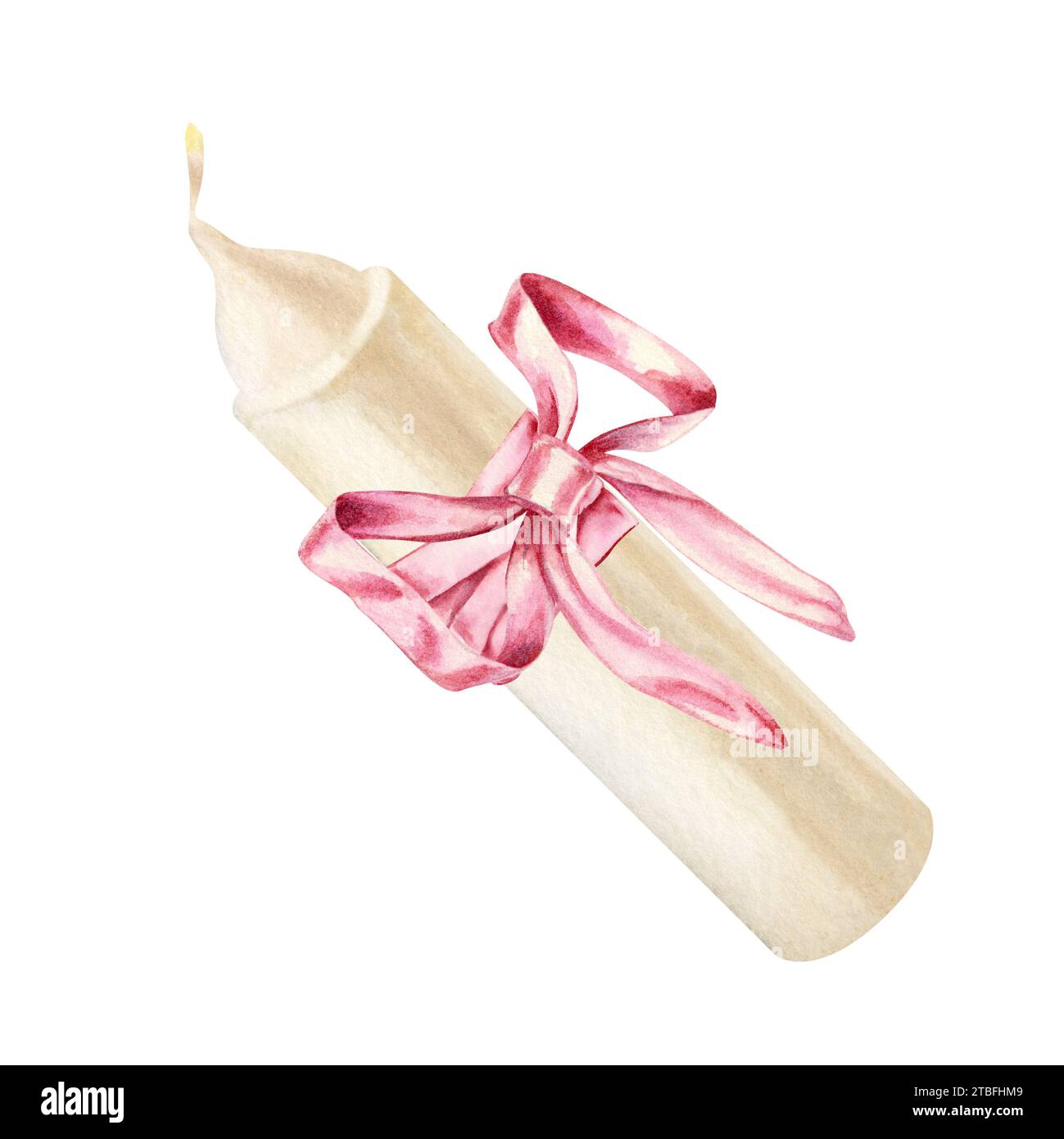 Candela bianca ad acquerello con fiocco rosa per illustrazioni di Natale, candele, matrimonio, compleanno, Pasqua, magia, giornata commemorativa, spa e relax Foto Stock