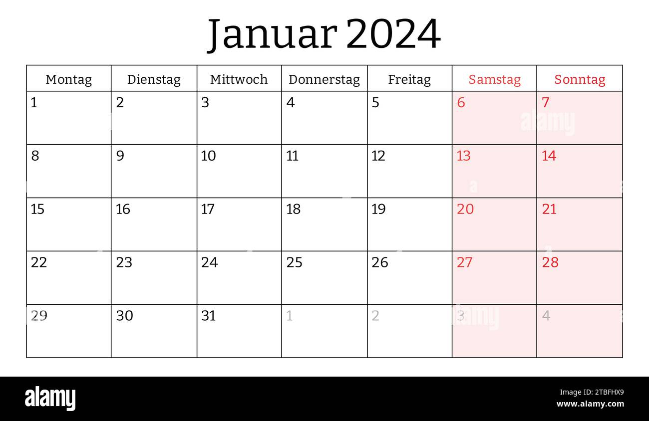 Gennaio 2024, calendario mensile tedesco. Illustrazione vettoriale stampabile. Pianificazione mensile per la tua azienda in Germania Illustrazione Vettoriale