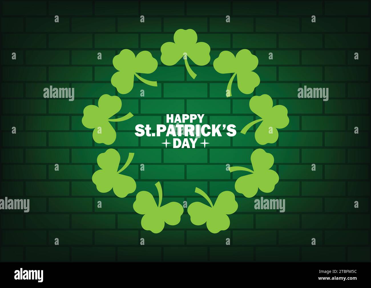 Felice St Patrick's Day. Biglietto d'auguri con cornice shamrock su sfondo murale. Illustrazione vettoriale. Illustrazione Vettoriale