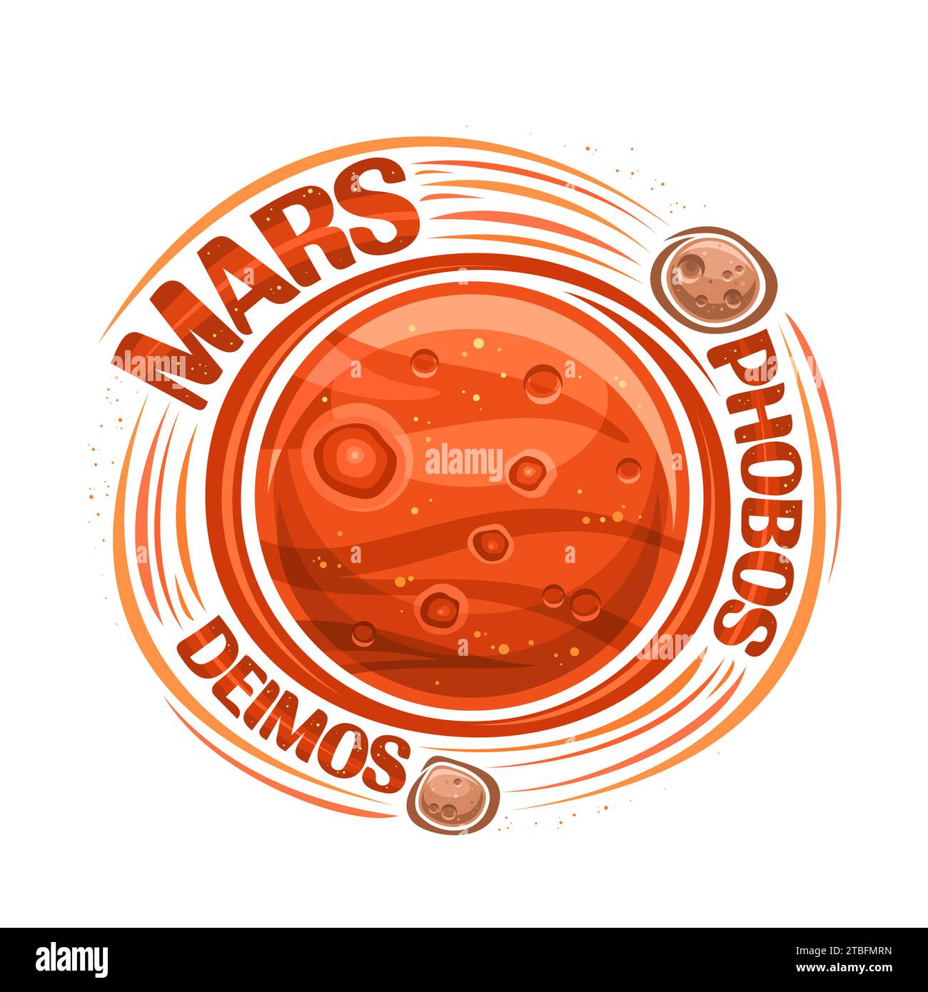 Logo vettoriale per Marte, stampa cosmo decorativa con pianeta marte con satelliti rotanti, superficie del pianeta con crateri e montagne, lettere uniche per Illustrazione Vettoriale