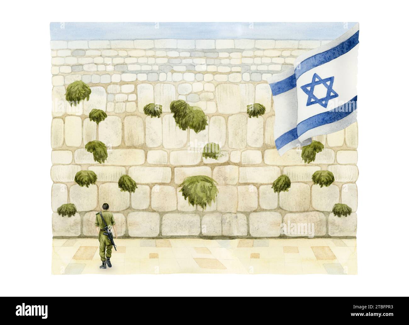 Muro Occidentale con soldati israeliani e vista della bandiera nella città vecchia di Gerusalemme. Illustrazione ad acquerello. Il Kotel Foto Stock