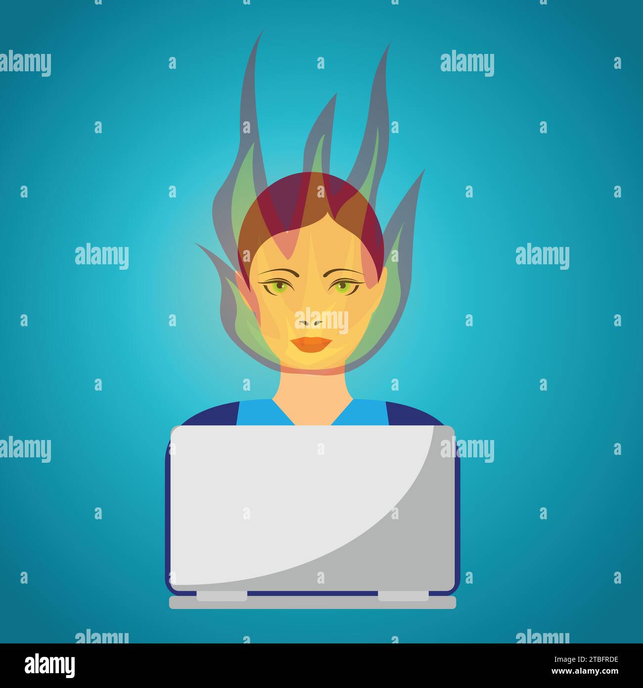 Giovane donna davanti a un notebook con la testa a fuoco, concetto di burnout Illustrazione Vettoriale