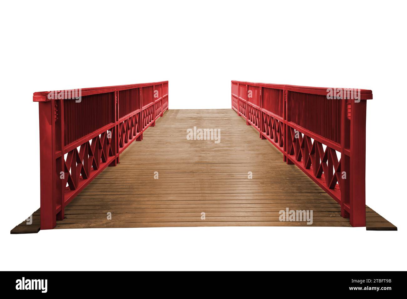 Vecchio ponte di legno isolato su sfondo bianco, lavoro con il tracciato di ritaglio. Foto Stock