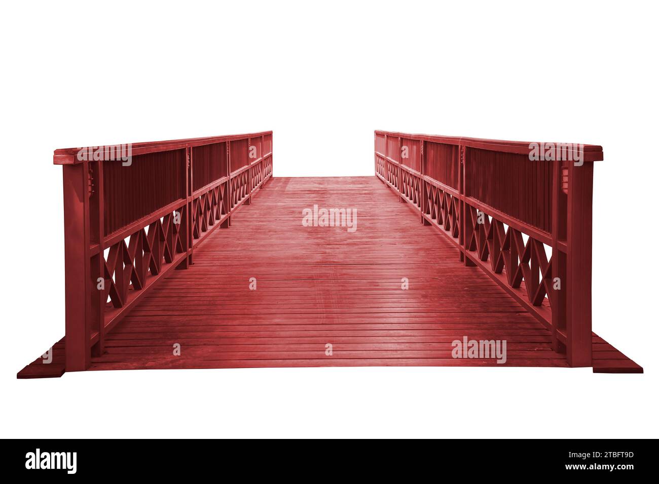 Vecchio ponte di legno isolato su sfondo bianco, lavoro con il tracciato di ritaglio. Foto Stock