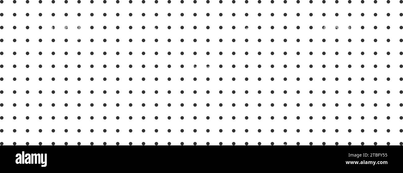 Modello di pagina del notebook con griglia a punti nera su sfondo bianco. Trama del diario Bullet. Ripetizione senza cuciture dei punti arrotondati. Sfondo della carta scolastica o dell'ufficio. Illustrazione grafica vettoriale Illustrazione Vettoriale