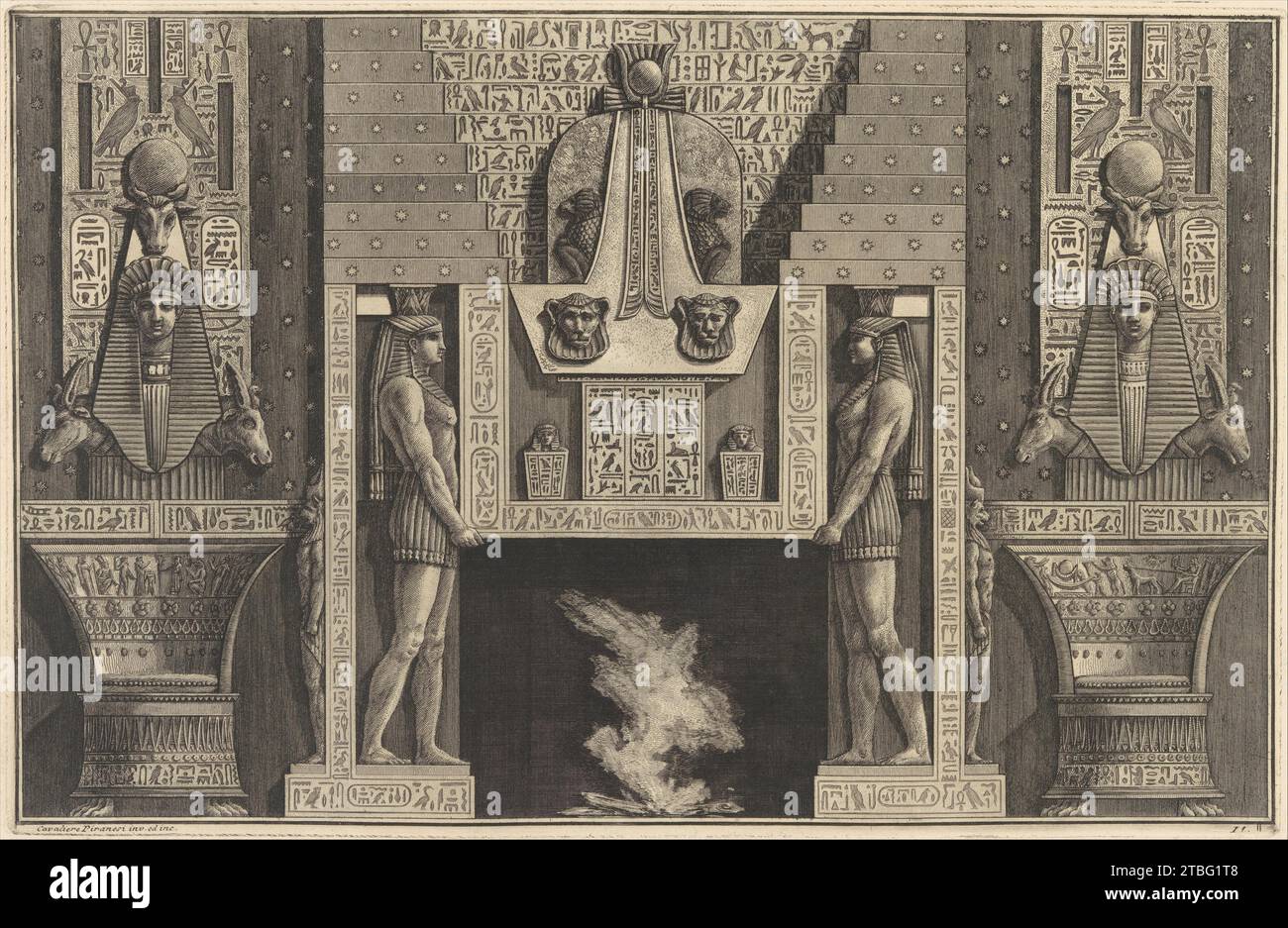 Chimneypiece in stile egiziano: Figure giganti che sostengono l'architrave, fiancheggiate da sedie, dal "Maniere d'adornare i cammini..." (Diversi modi di decorare i camini...) 1941 di Giovanni Battista Piranesi Foto Stock