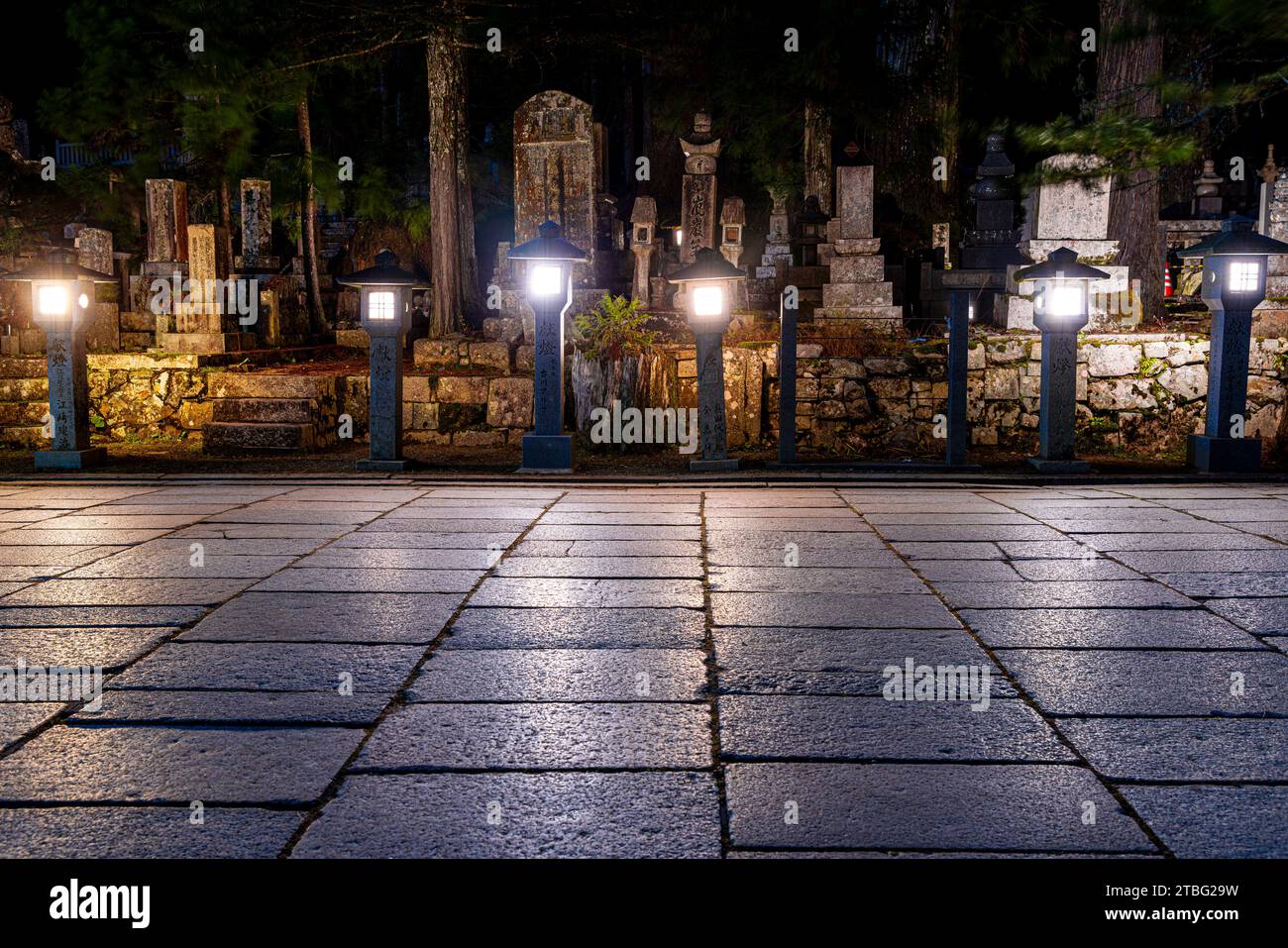 Lanterne di pietra nel cimitero di Okunoin di notte Foto Stock