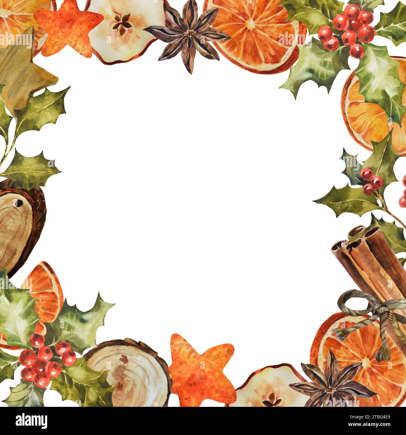 Telaio quadrato con rami holly, arancio secco, spezie. Illustrazione ad acquerello disegnata a mano. Cornice circolare su sfondo bianco per Capodanno e. Foto Stock