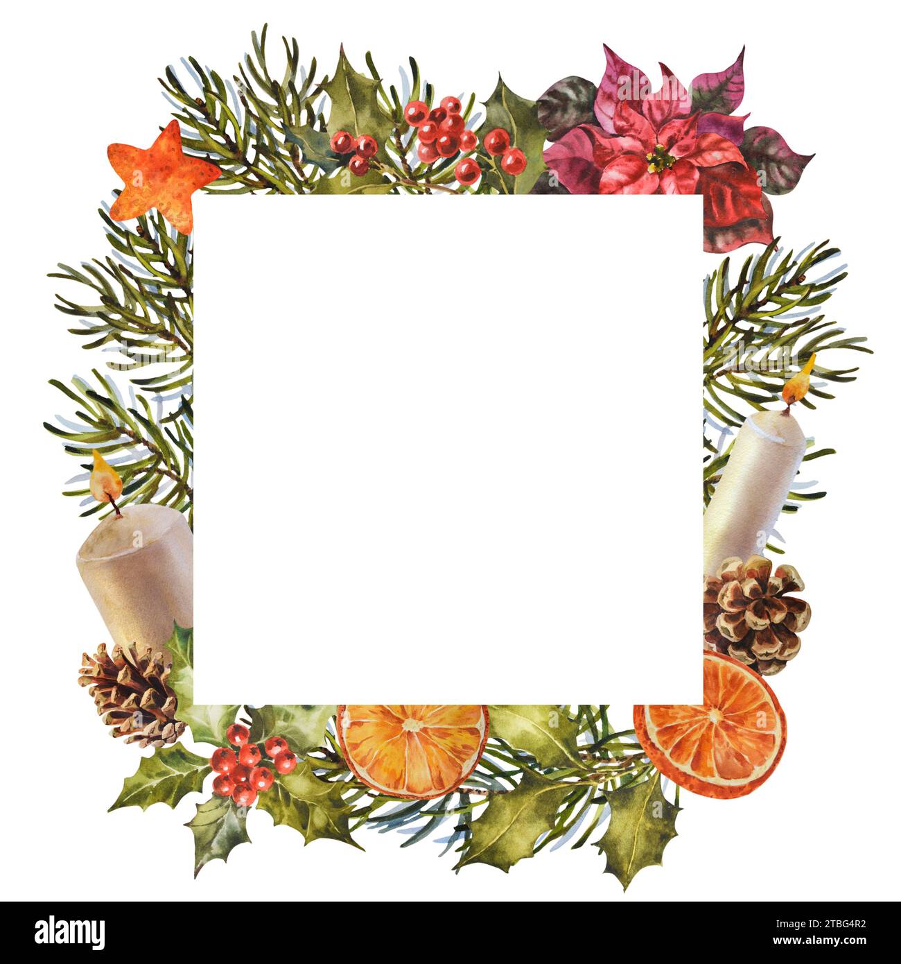 Cornice quadrata con arancio secco, rami e coni di pino, candela e spezie. Illustrazione ad acquerello disegnata a mano per decorazioni natalizie isolate su bianco Foto Stock