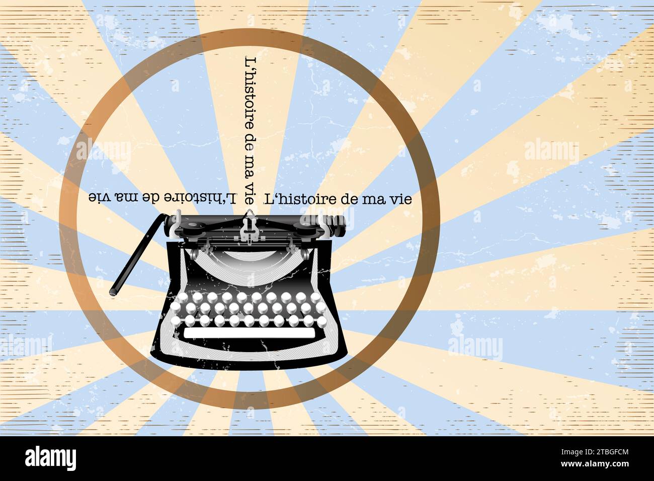La storia della mia vita - macchina da scrivere retro su sfondo grunge in azzurro, oro e bianco Foto Stock
