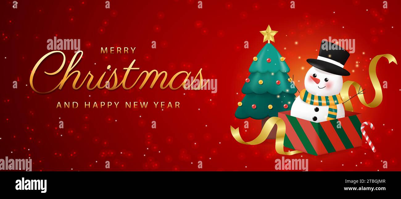 Buon Natale e felice compagno di Natale. Pupazzo di neve, caramelle e albero di Natale nella scena natalizia su sfondo rosso. illustrazione vettoriale Illustrazione Vettoriale