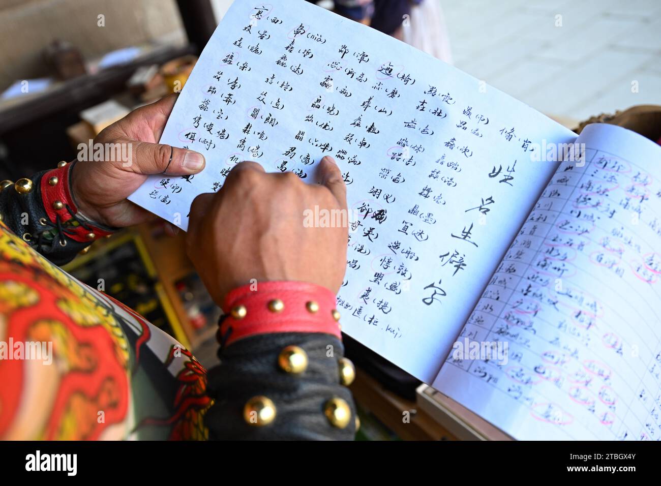 (231207) -- JIAYUGUAN, 7 dicembre 2023 (Xinhua) -- li Sen controlla un libretto scritto a mano nella sua stalla nell'area panoramica del passo Jiayu nella città di Jiayuguan, provincia del Gansu della Cina nord-occidentale, 14 luglio 2023. Li Sen, 43 anni, si guadagna da vivere interpretando il ruolo di un antico "generale" nell'area panoramica del passo Jiayu nella città di Jiayuguan, nella provincia del Gansu della Cina nord-occidentale. I visitatori possono acquistare antichi "visti" presso la sua bancarella. Questi documenti sono progettati da li e costituiscono una parte essenziale del gioco di ruolo, consentendo ai turisti di tornare nell'antica Cina. Guardando al futuro, li prevede di organizzarsi sistematicamente Foto Stock