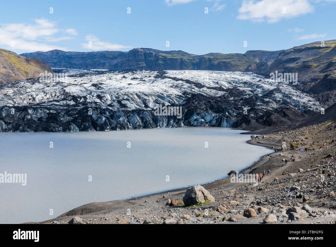 Lingua del ghiacciaio Solheimajokull del ghiacciaio Myrdalsjokull. Il Mýrdalsjökull è un ghiacciaio situato nel sud degli altopiani islandesi. Foto Stock