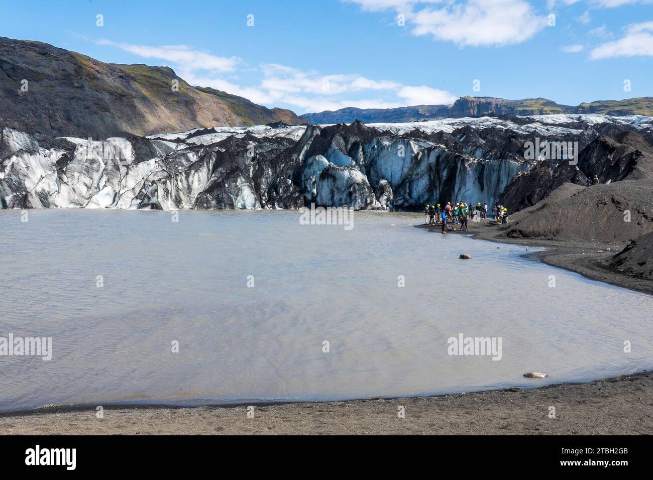 Lingua del ghiacciaio Solheimajokull del ghiacciaio Myrdalsjokull. Il Mýrdalsjökull è un ghiacciaio situato nel sud degli altopiani islandesi. Foto Stock