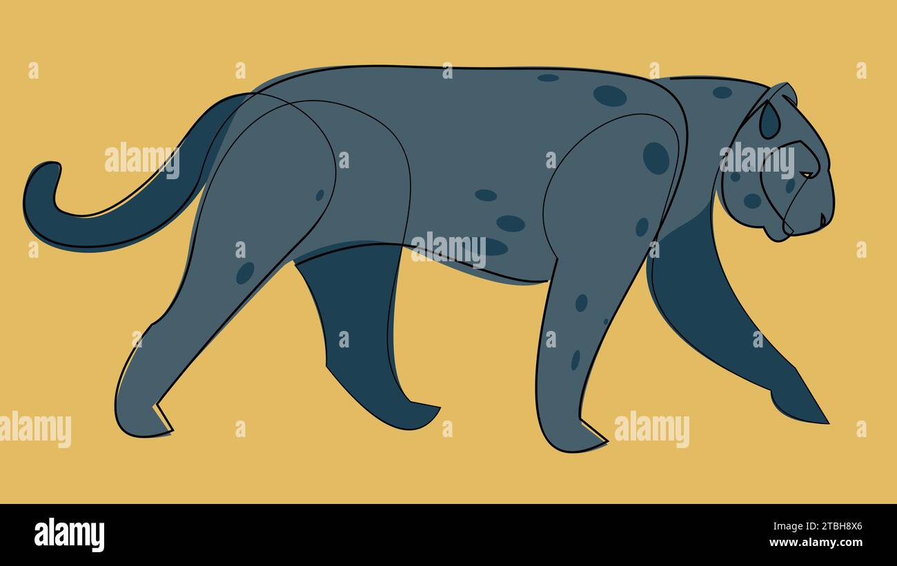 Illustrazione Panther. Disegno a una riga di colore blu su sfondo giallo Illustrazione Vettoriale
