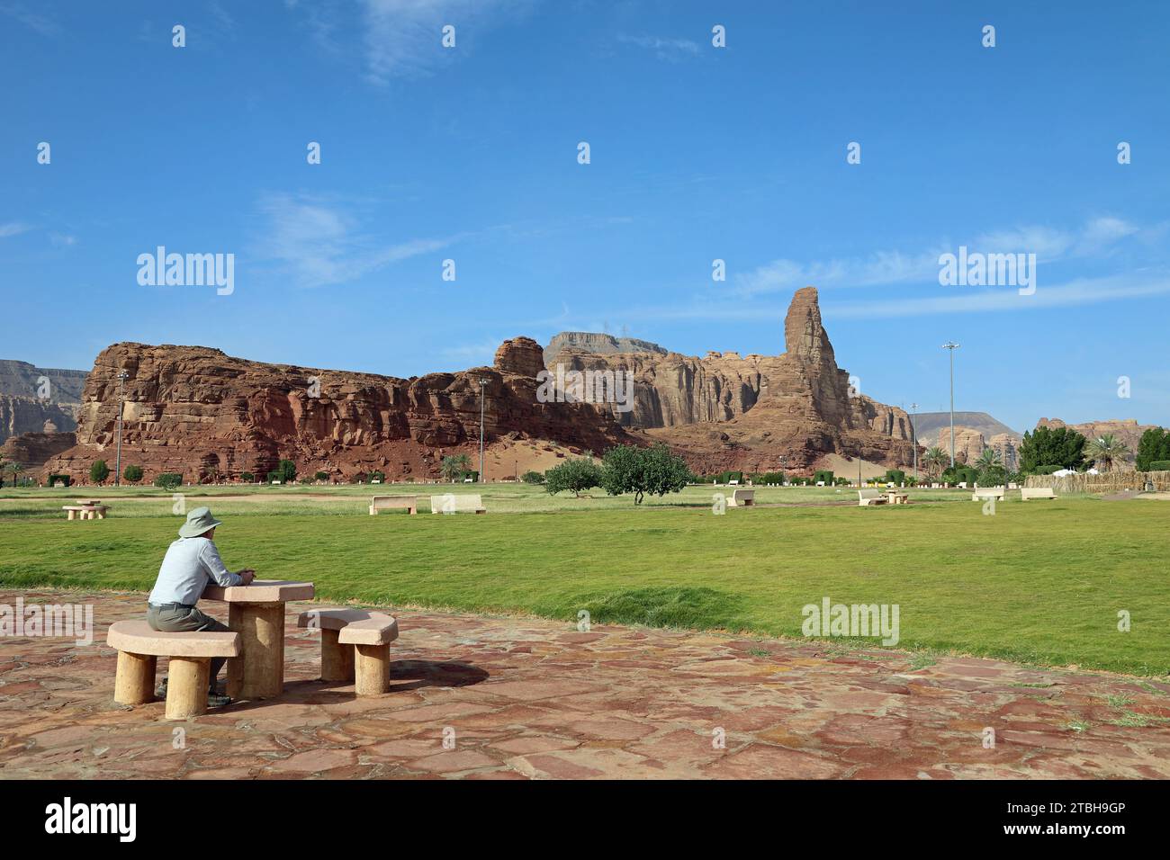 Turista che si gode la vista di al Ula in Arabia Saudita Foto Stock