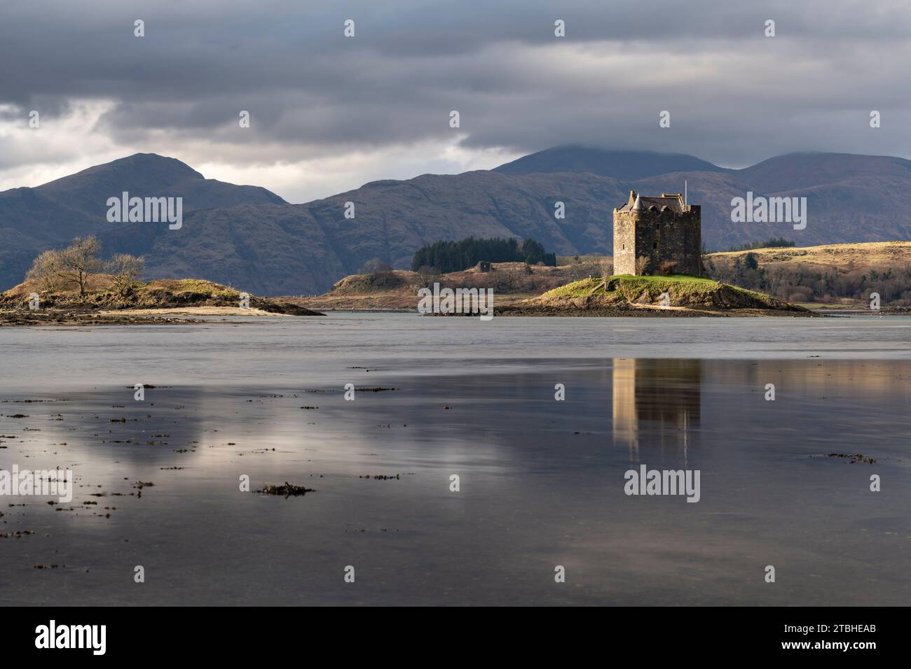 Castle Stalker si riflette nelle calme acque di Loch Laich, Port Appin, Argyll, Scozia. Primavera (marzo) 2023. Foto Stock