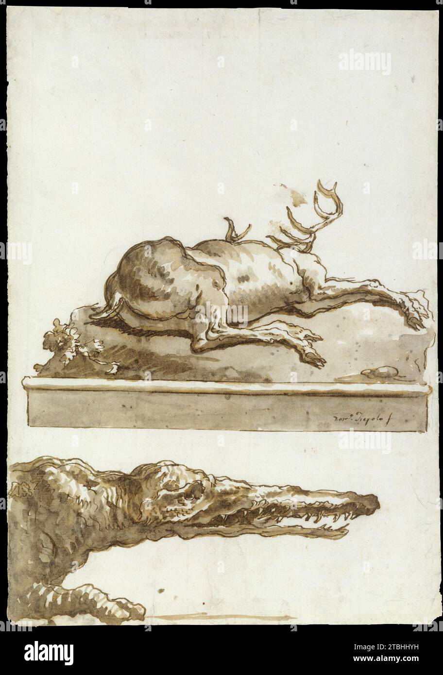 Un cervo sdraiato (su una base): La testa di un coccodrillo 1975 di Giovanni Domenico Tiepolo Foto Stock