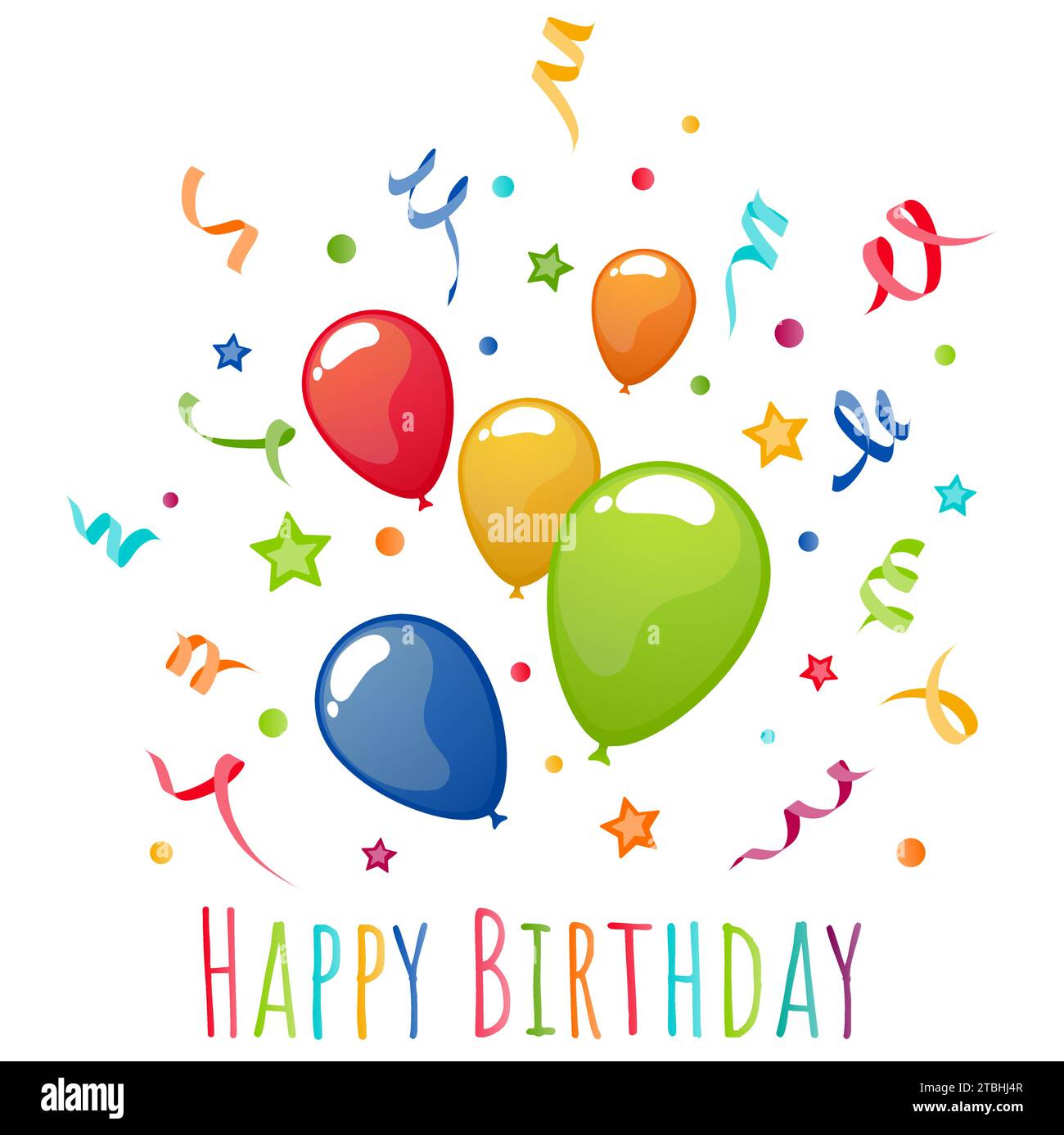 illustrazione vettoriale eps di palloncini volanti di colore diverso, aerografi, coriandoli e stelle che esplodono, testo di buon compleanno, da utilizzare per la pubblicità di feste Illustrazione Vettoriale
