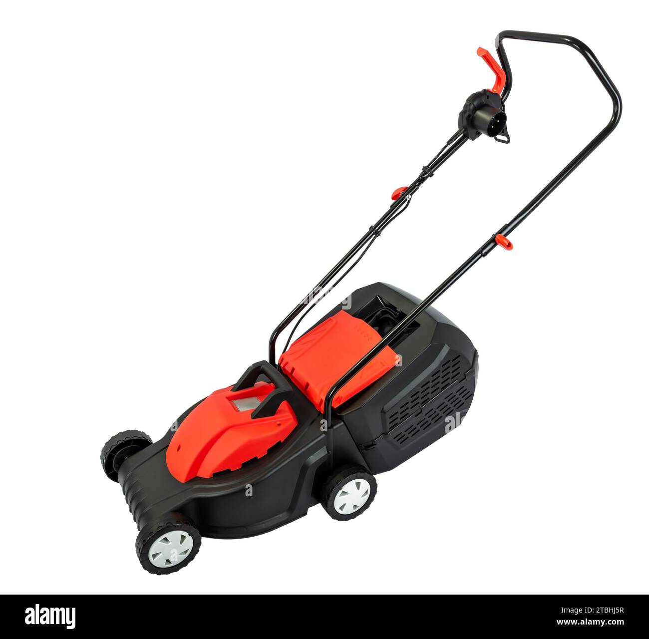 Rasaerba elettrico per la manutenzione del giardino isolato su sfondo bianco. Foto Stock