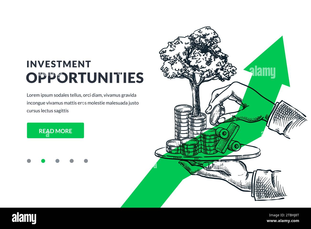 Mano umana che tiene il vassoio con un albero che cresce su una pila di monete. Illustrazione dello schizzo vettoriale disegnata a mano. Investimenti, risparmio di denaro e crescita finanziaria Illustrazione Vettoriale