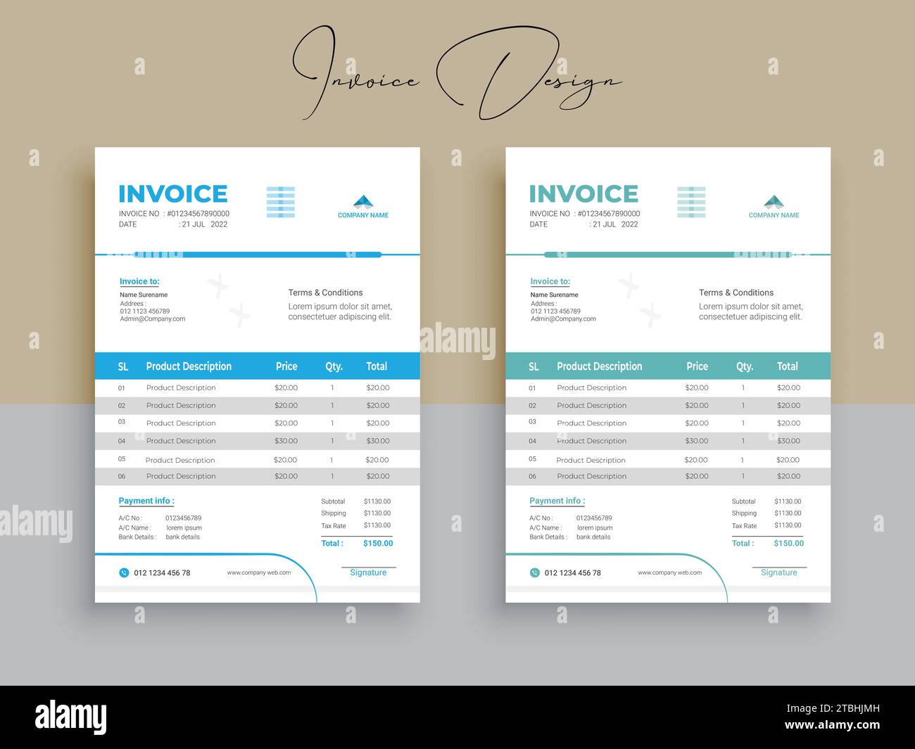 Progettazione fattura. Modello di modulo fattura aziendale. Preventivi di fatturazione, bollette o listino prezzi e modelli di progettazione dei contratti di pagamento. Disegno del modulo fiscale Illustrazione Vettoriale
