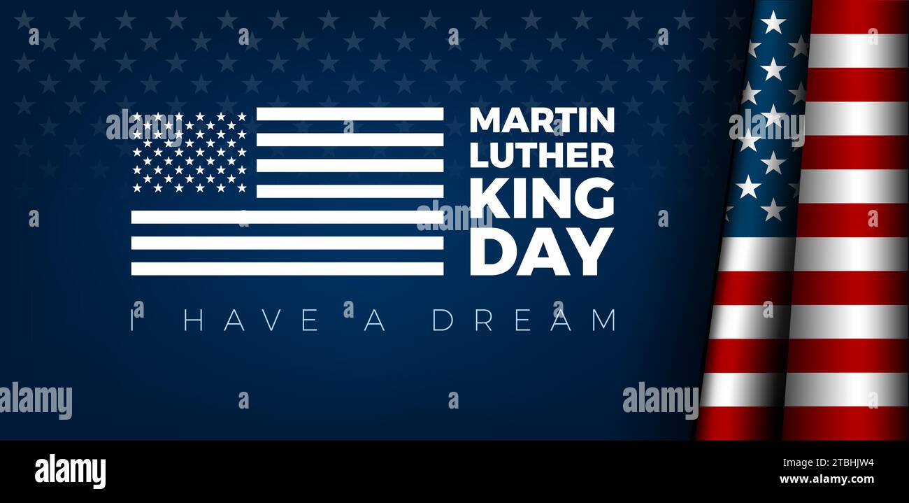 Martin Luther King Jr. Composizione del biglietto d'auguri tipografica del giorno. Lettera MLK Day citazione ispiratrice, bandiera degli Stati Uniti, sfondo vettoriale blu scuro - ho una dre Illustrazione Vettoriale