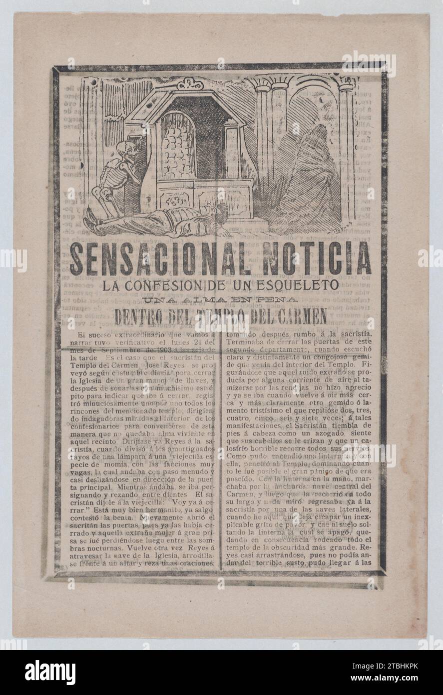 Notizie sull'avvistamento di uno scheletro all'interno di un tempio sacro, un uomo sdraiato sul pavimento mentre uno scheletro torna in una camera e una figura occultata esce a destra 1946 di Jose Guadalupe Posada Foto Stock