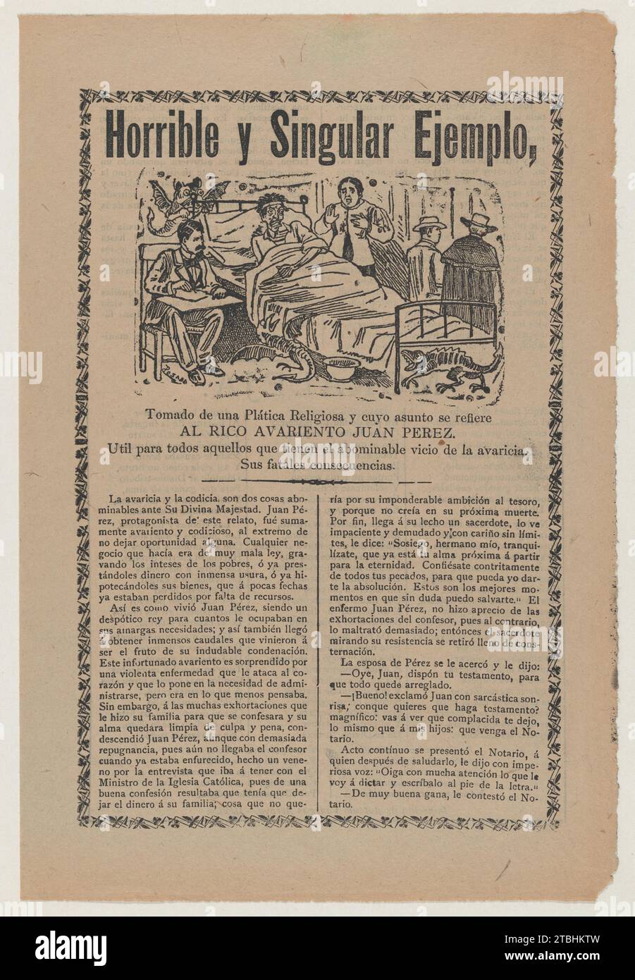 Foglio informativo relativo all'avidità di Juan Perez e ai suoi guadagni finanziari illeciti attraverso la disonestà e la truffa della chiesa, una descrizione nella sezione inferiore continuando su verso 1946 di Jose Guadalupe Posada Foto Stock