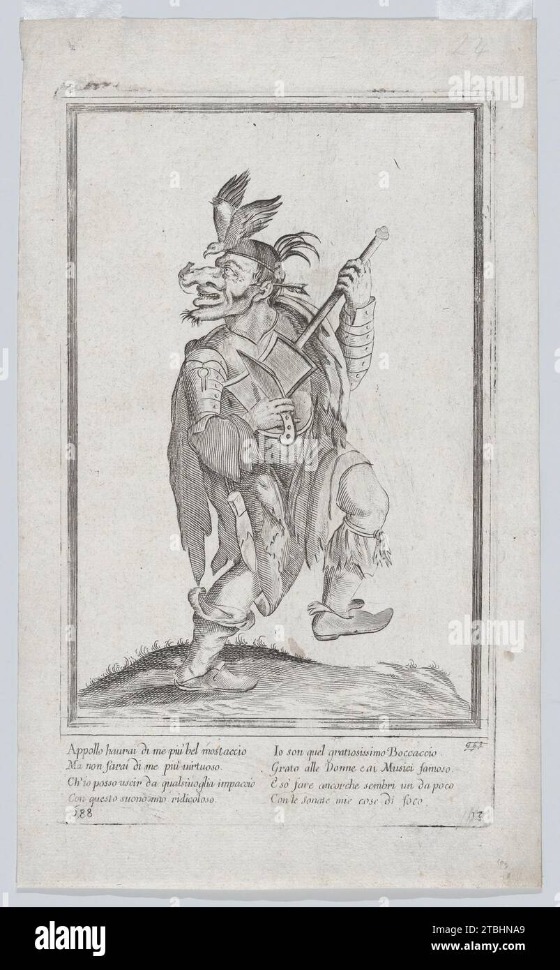 Una figura caricatura che rappresenta un musicista di strada(?) con un topo (lucertola?) Sul naso e un uccello sulla testa 2016 di Anonimo, italiano, XVII secolo Foto Stock